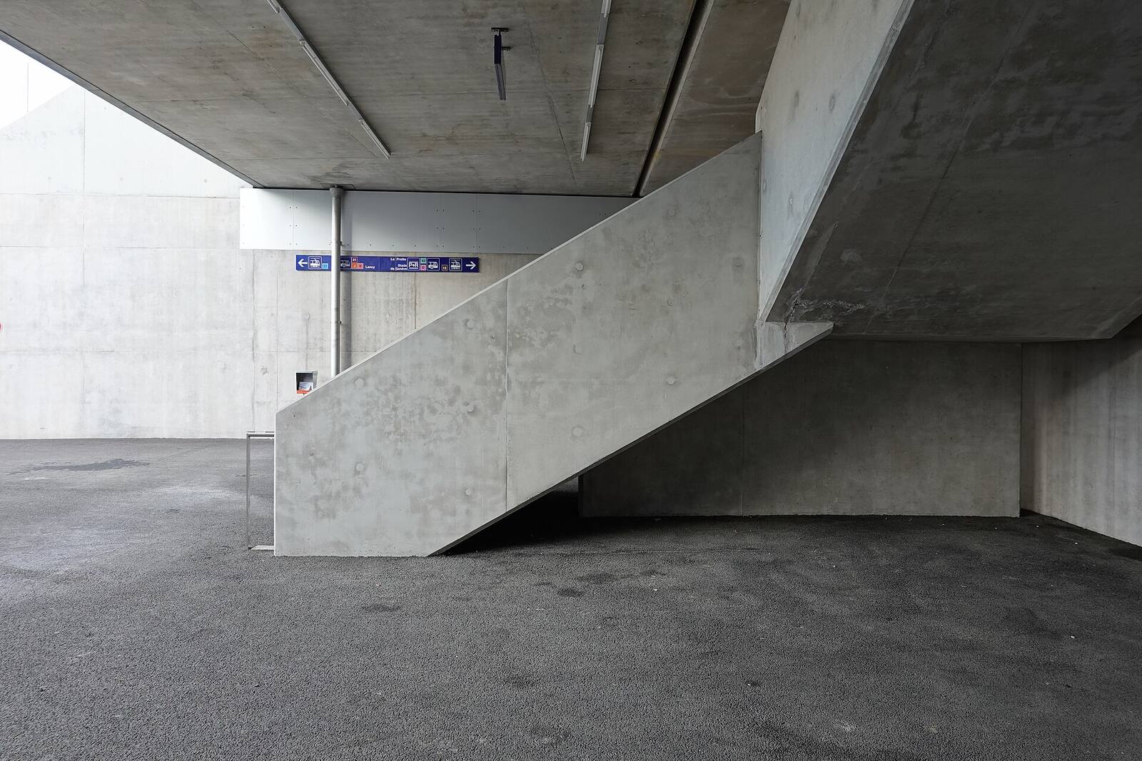 Minimal board-formed concrete staircase rising beside a smooth concrete wall